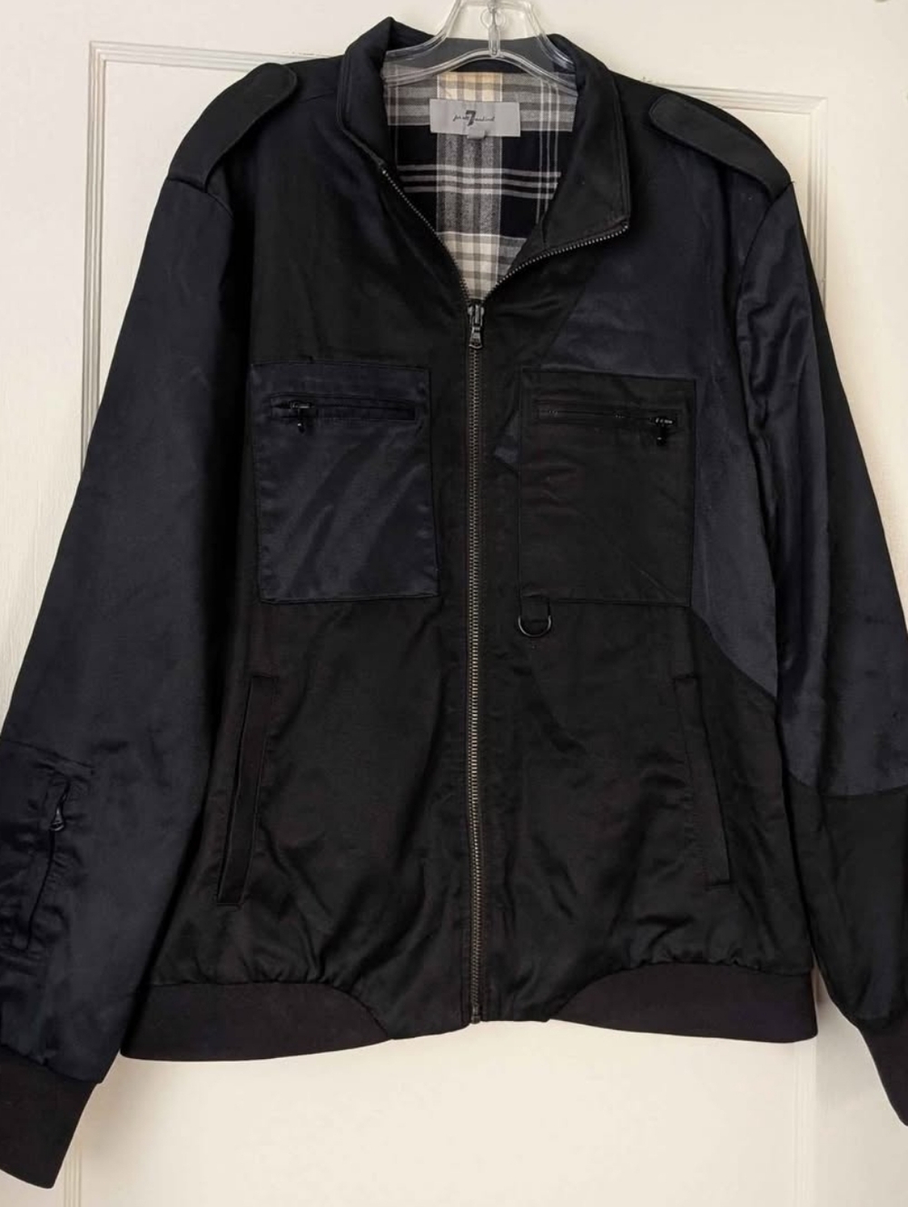 7 for all mankind men's black bomber jacket size XL with plaid inner lining men'